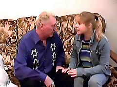 Innocent Blonde Teen Sucks and Fucks an Old Mans Cock On a Couch