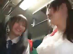 Two Japanese babes are on the bus and suck a couple of cocks