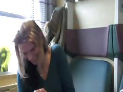 German blonde sucks his cock before she fucks on the train