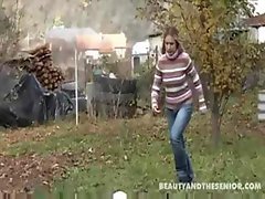 Blonde loses a soccer game and has to suck and fuck this old guy