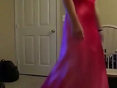 Sexy Teen Showing Off Her Pink Ombre Satin Prom Dress