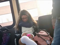 Sexy Student legs on the Bus with Face