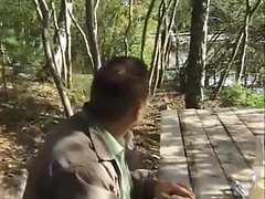FRENCH blonde amateur in forest with old men