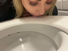 Dirty English Chav licks public toilet
